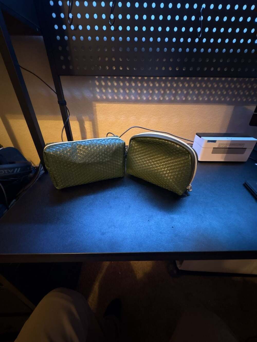 Set of 2 Green Woven Faux Leather Cosmetic Travel Bags